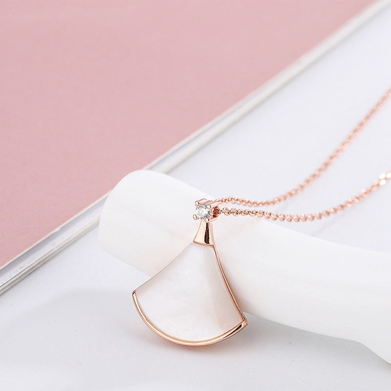 Minimalist Irregular Skirt Fan Shape Rose Gold Plated Titanium Steel Necklace with White Mother of Pearl