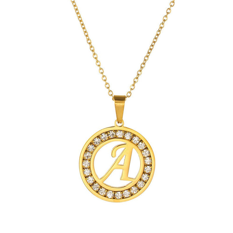 Minimalist Gold Plated Round Letter Rhinestone Inlay Pendant Necklace Titanium Steel Cable Chain
