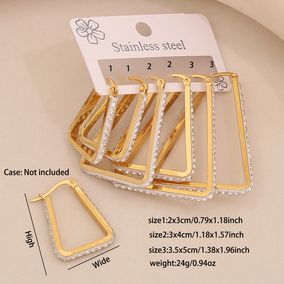 Orecchini a perno geometrici a forma di cuore alla moda in acciaio inossidabile con intarsio completo di strass