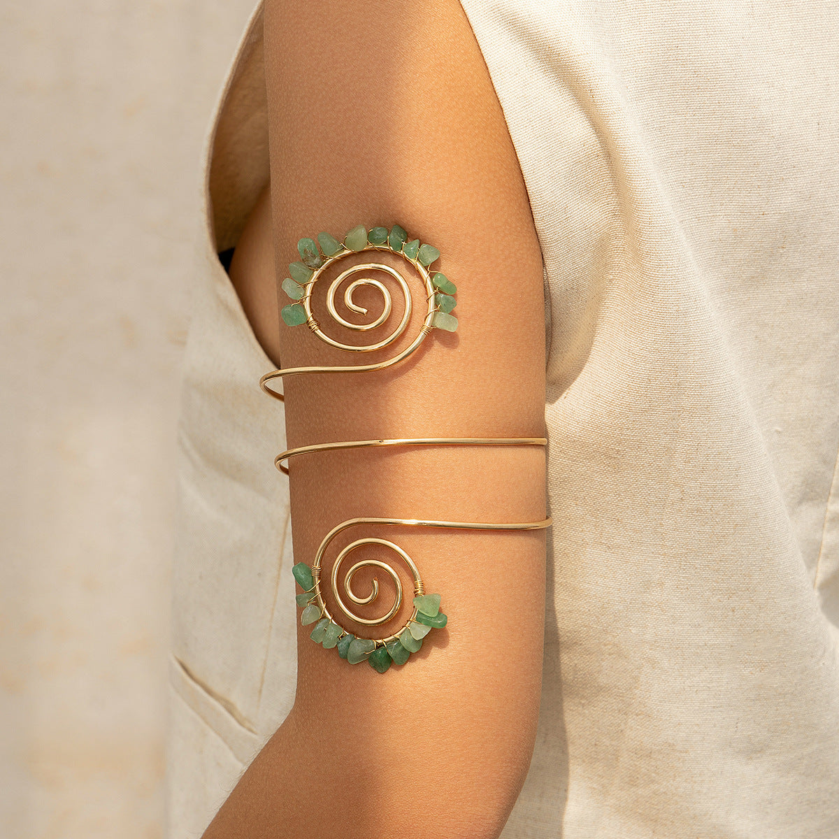 Ethnic Vintage Spiral Beaded Arm Cuff Bracelet with Irregular Asymmetrical Design in Plated Metal