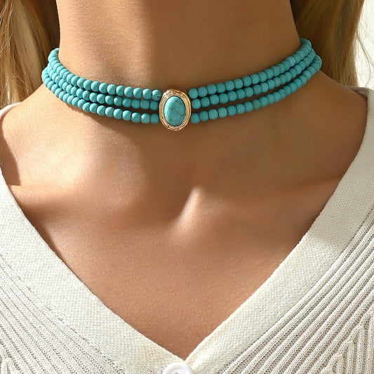 Collar de Perlas Minimalista Francés Vintage con Acentos Turquesa, Colgante de Aleación en Cadena de Perlas, Collar Largo de Clavícula en Capas para Mujer