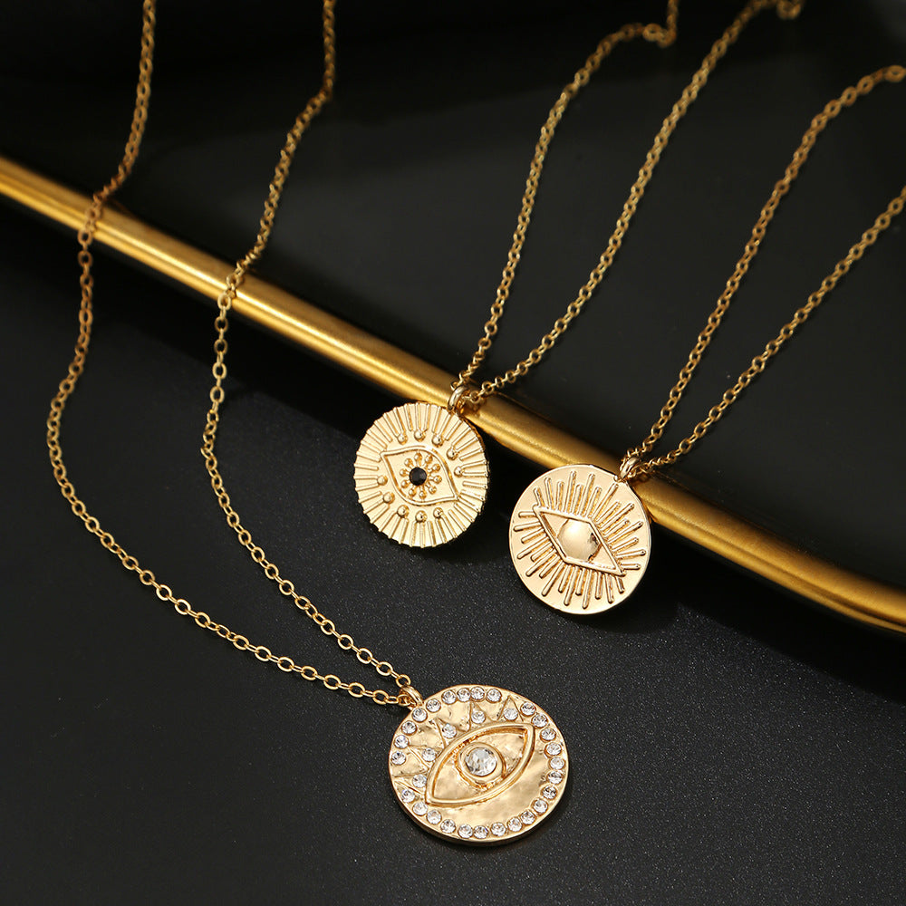 Fashion Evil Eye Pendant Necklace for Women with Gold Plating and Rhinestone Inlay on O-Chain in Geometric Shape