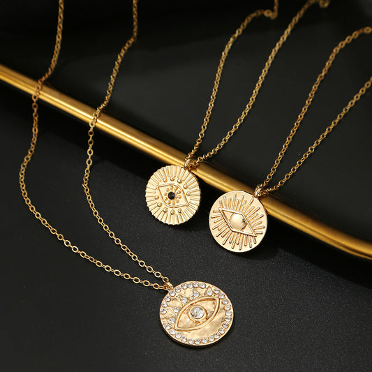 Collar con colgante de mal de ojo de moda para mujer con baño de oro e incrustaciones de diamantes de imitación en cadena tipo O con forma geométrica