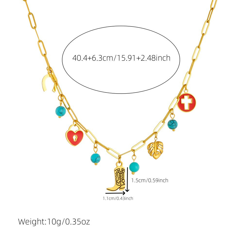 Vintage Red Drip Oil Round Hollow Cross Heart Leaf Boot Pendant Stainless Steel Necklace for Women