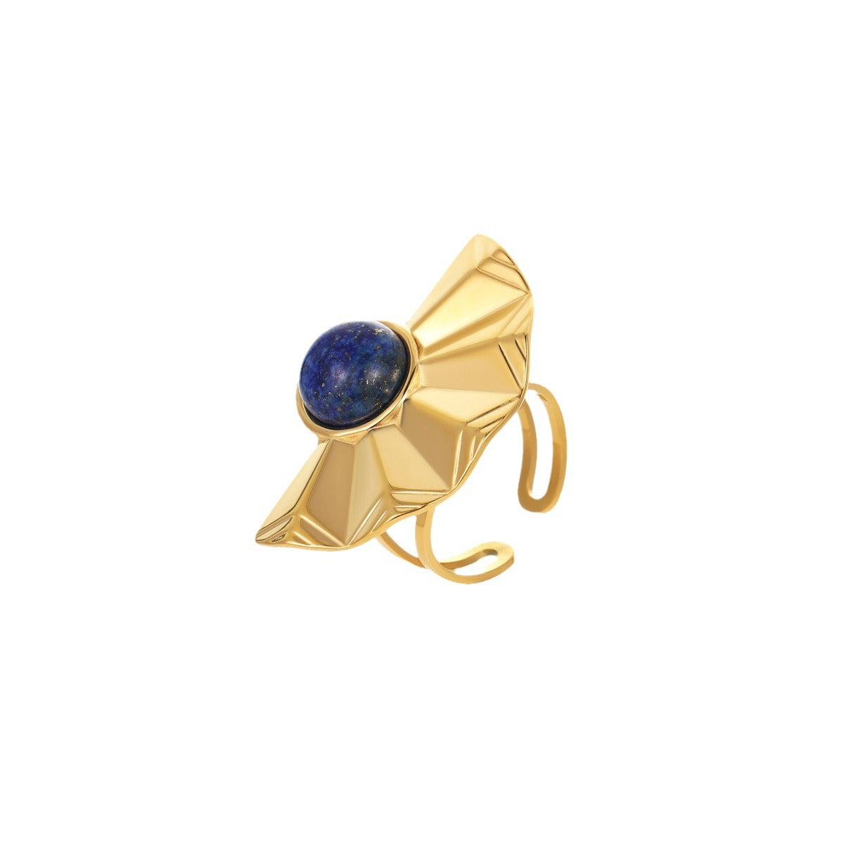 Anello vintage da donna in acciaio inossidabile placcato oro 18 carati con design geometrico a ventaglio e intarsio in pietra naturale