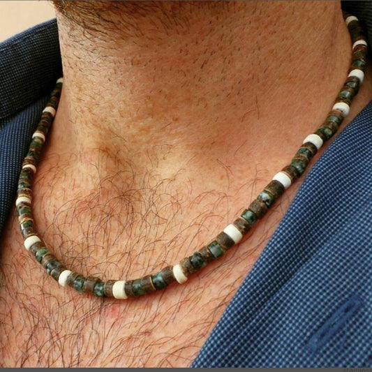Bohemian Minimalist Geometric Round Coconut Shell Turquoise Stainless Steel Handmade Cable Chain Necklace for Unisex