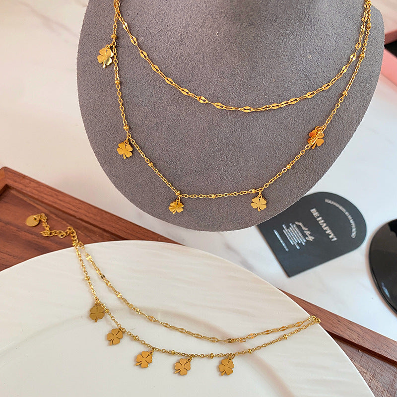 Gold Plated Titanium Steel Four-Leaf Clover Lip Chain Bracelet Set