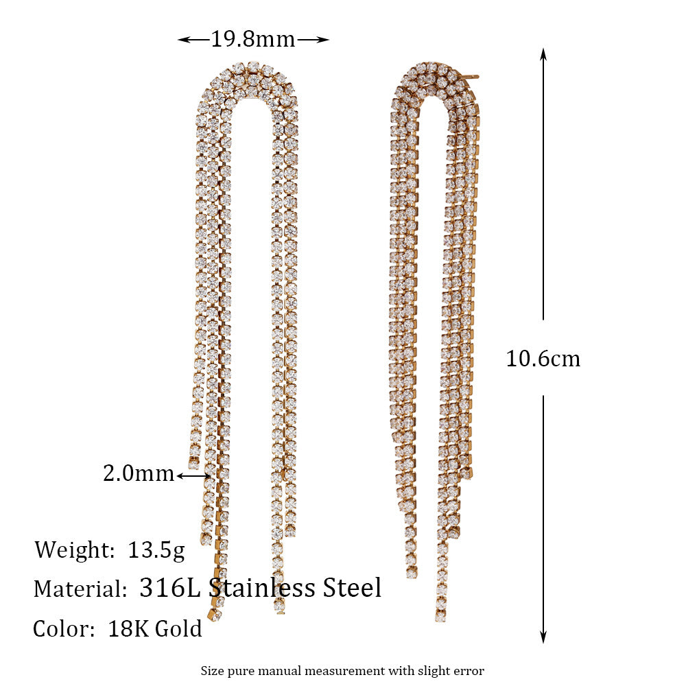 Orecchini a polsino geometrici alla moda in acciaio inossidabile con placcatura in oro 18 carati e pendenti a forma di arco con zirconi micro-incastonati da donna