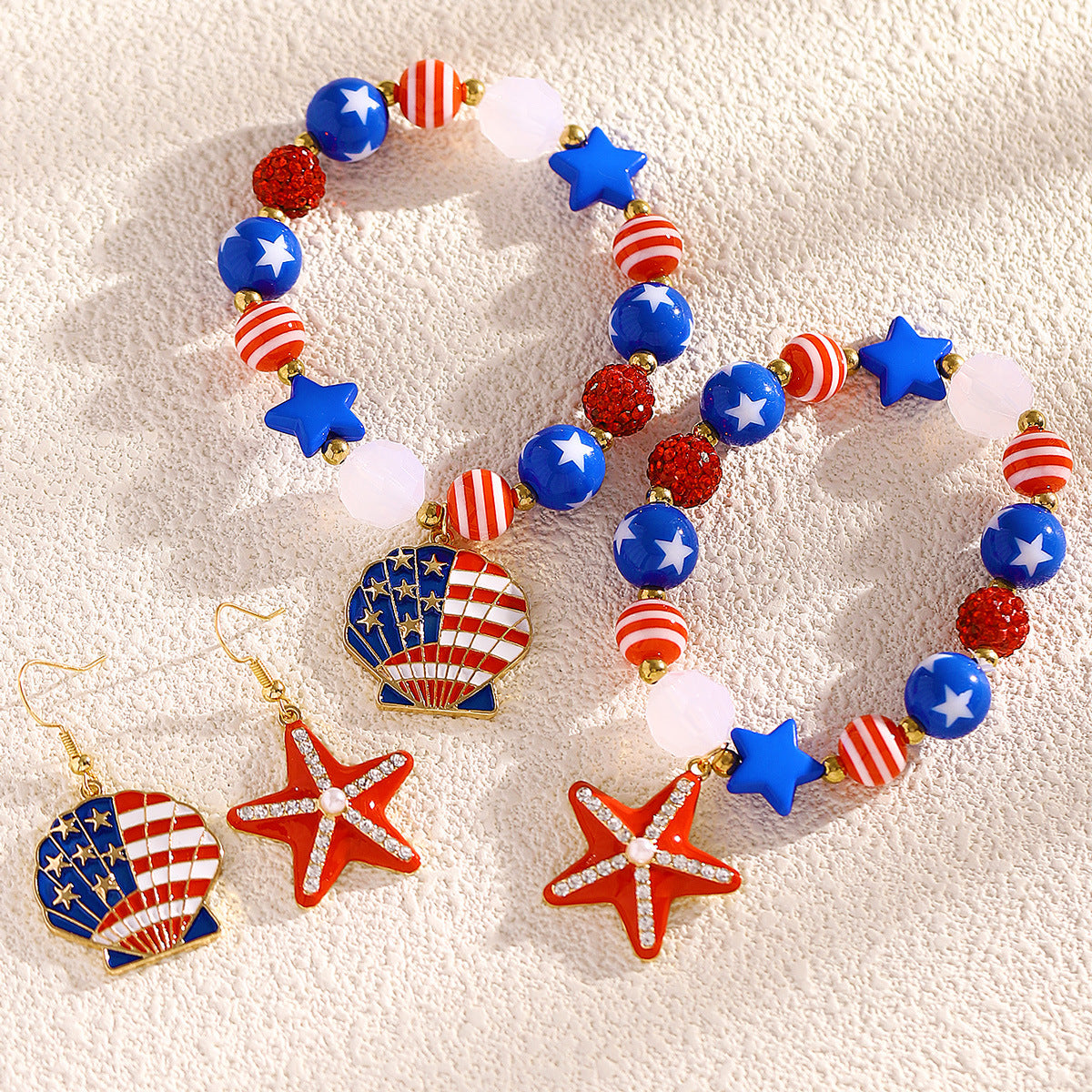 Set di bracciale e orecchini da donna placcati in lega di zinco, con motivo a stelle della bandiera americana