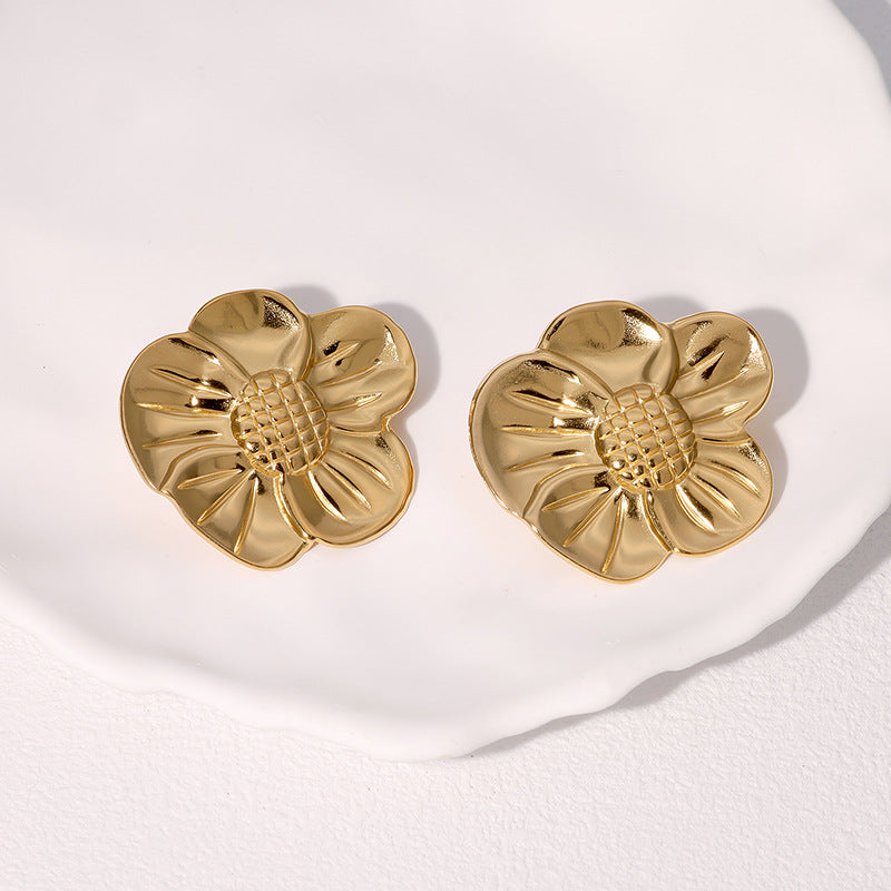 Fashion 18K Gold Plated Stainless Steel Floral Stud Earrings for Women