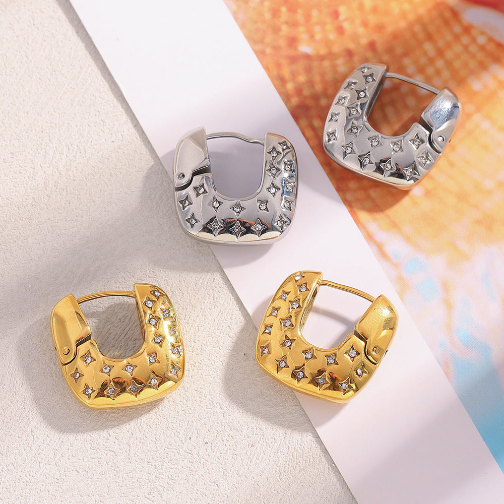 Minimalist Geometric Four-Pointed Star Stainless Steel Earrings with 18K Gold Plating for Women