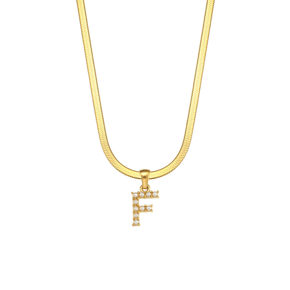 Fashionable Letter Pendant Necklace for Women Stainless Steel Plated 18K Gold Flat Snake Chain with Pearl Accent