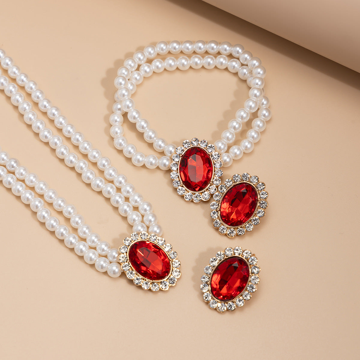 Elegant Luxury Geometric Alloy Plated Necklace Set with Faux Pearl and Gemstone Inlay for Women