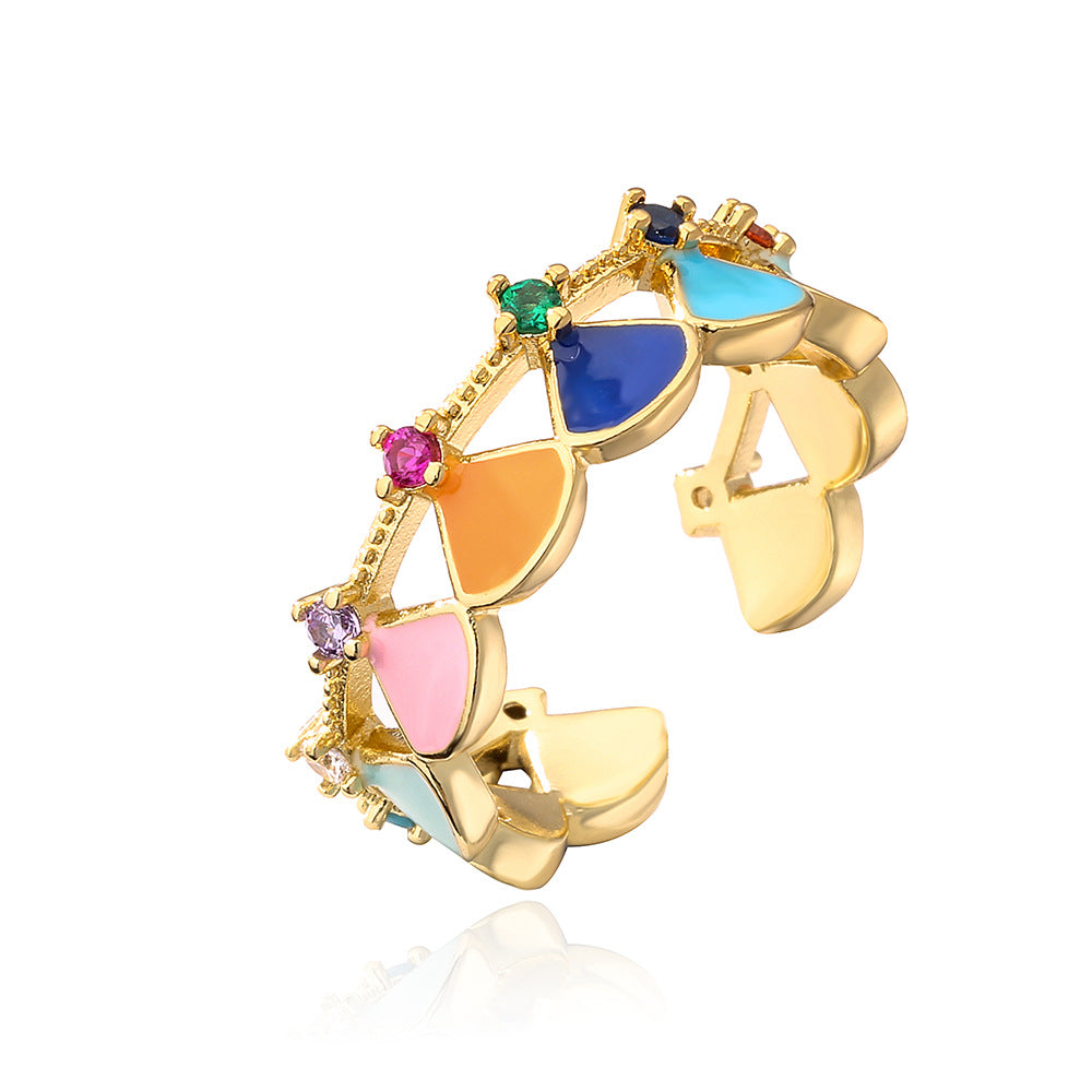 Anello Aperto Geometrico da Donna con Base in Rame Placcato in Oro 18K e Intarsio in Zirconia Smaltata