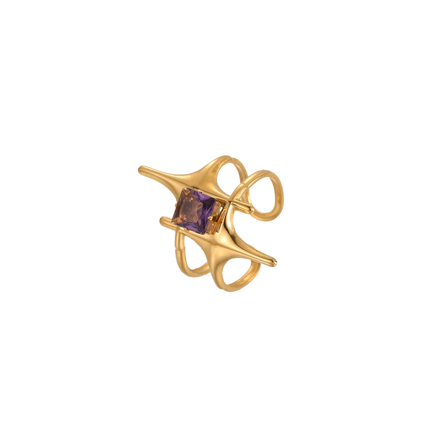 Anello da donna minimalista irregolare geometrico in acciaio inossidabile placcato oro con accento di zirconi