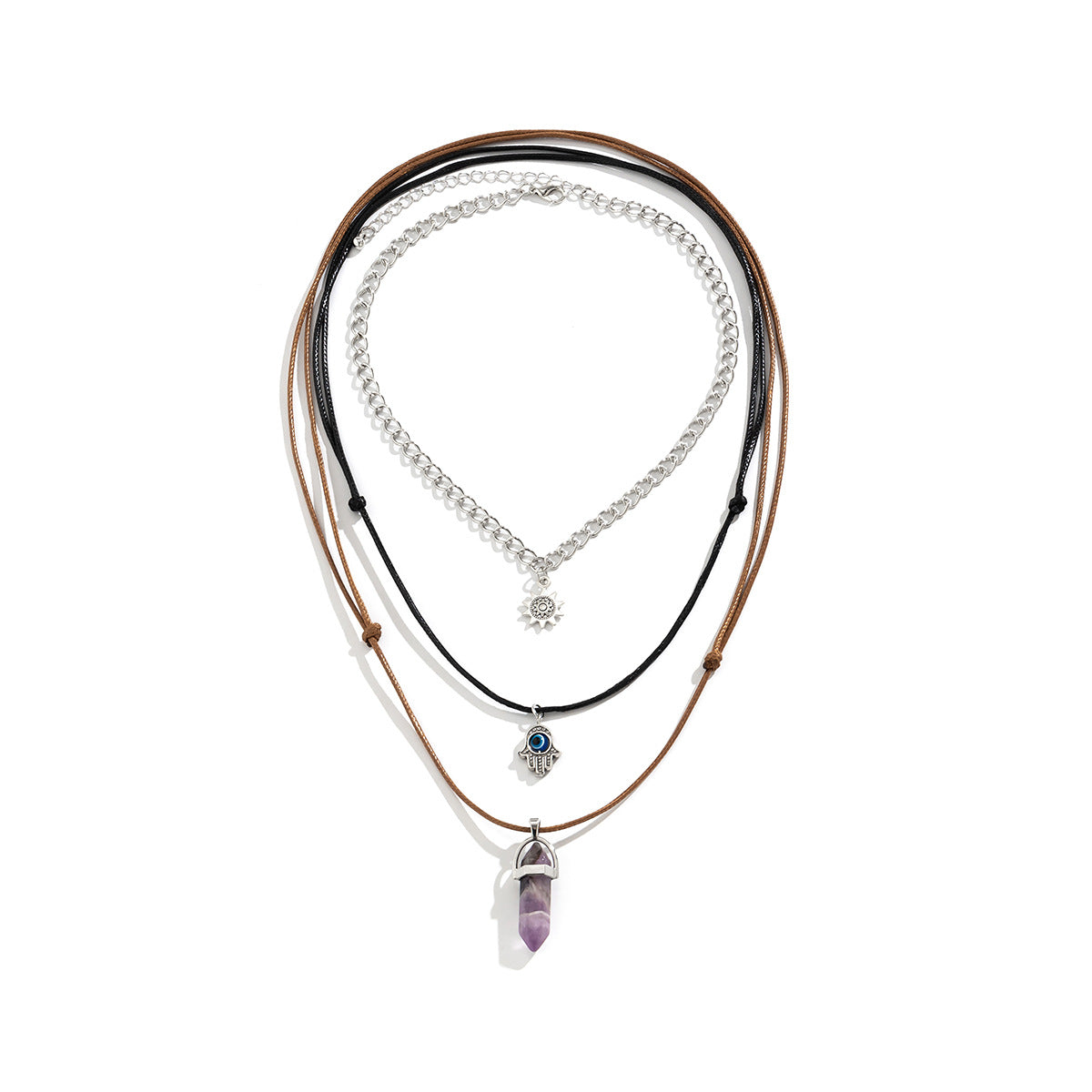 Collana vintage geometrica in lega da donna con ciondolo di cristallo a forma di sole e nappe.