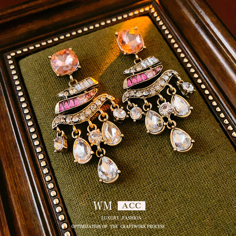 Vintage Drip-Shaped Geometric Alloy Earrings with Rhinestone Inlay, Stainless Steel Post, Elegant Court-Inspired Luxury Ear Jewelry for Women