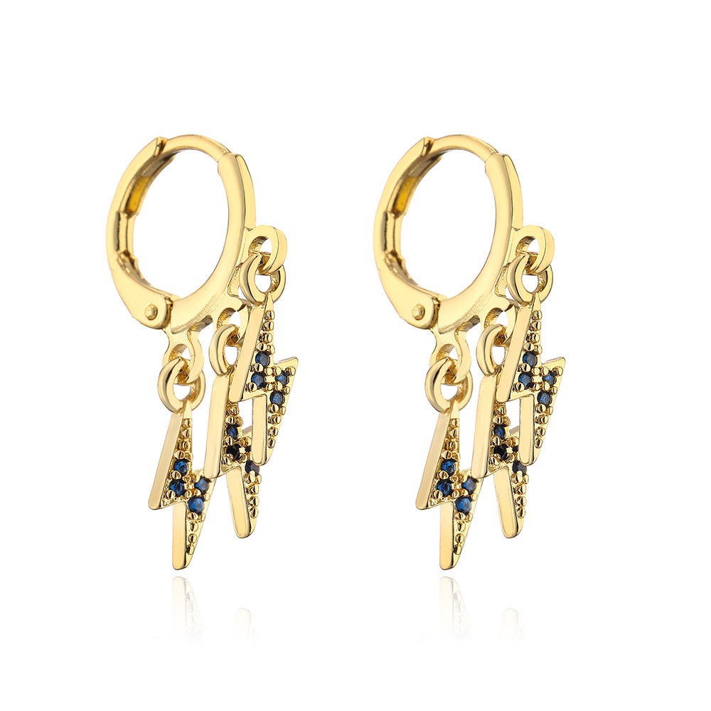 Minimalist Geometric Lightning-Shaped Earrings for Women Made of Brass with 18K Gold Plating and Zircon Inlay
