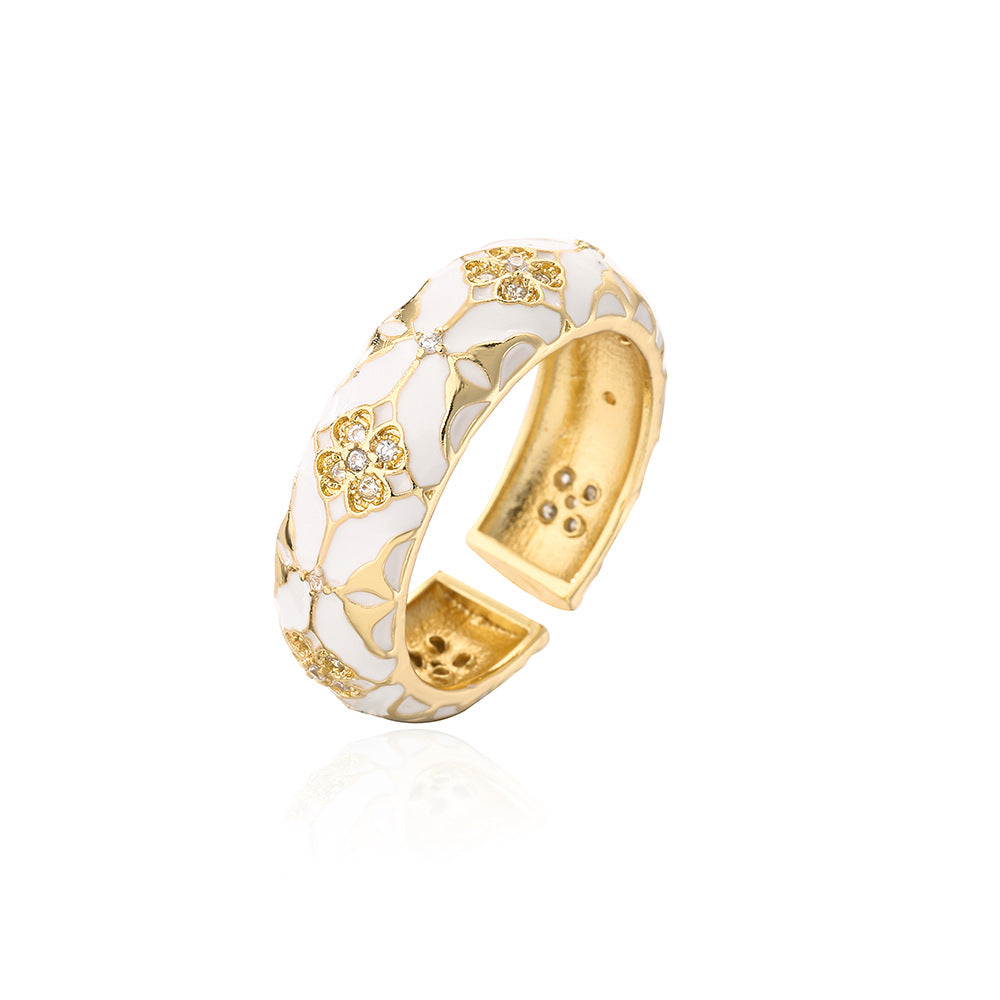 Bohemian Vintage Geometric Open Ring for Women in Copper with 18K Gold Plating and Enamel Finish