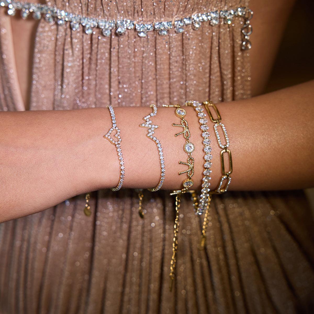 Geometric Stainless Steel Plated Bracelet with Cubic Zirconia for Women