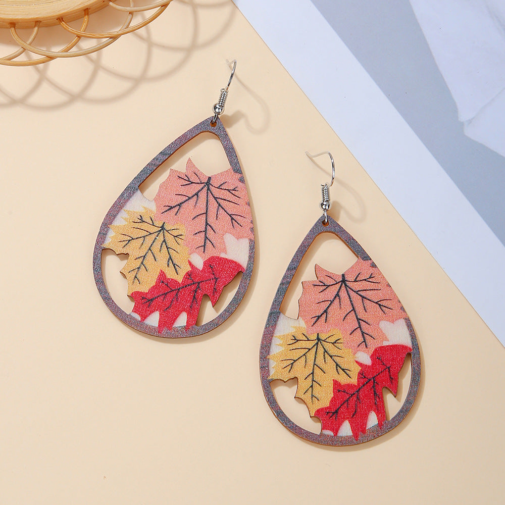 Hollow Maple Leaf Teardrop Wood Plated Earrings