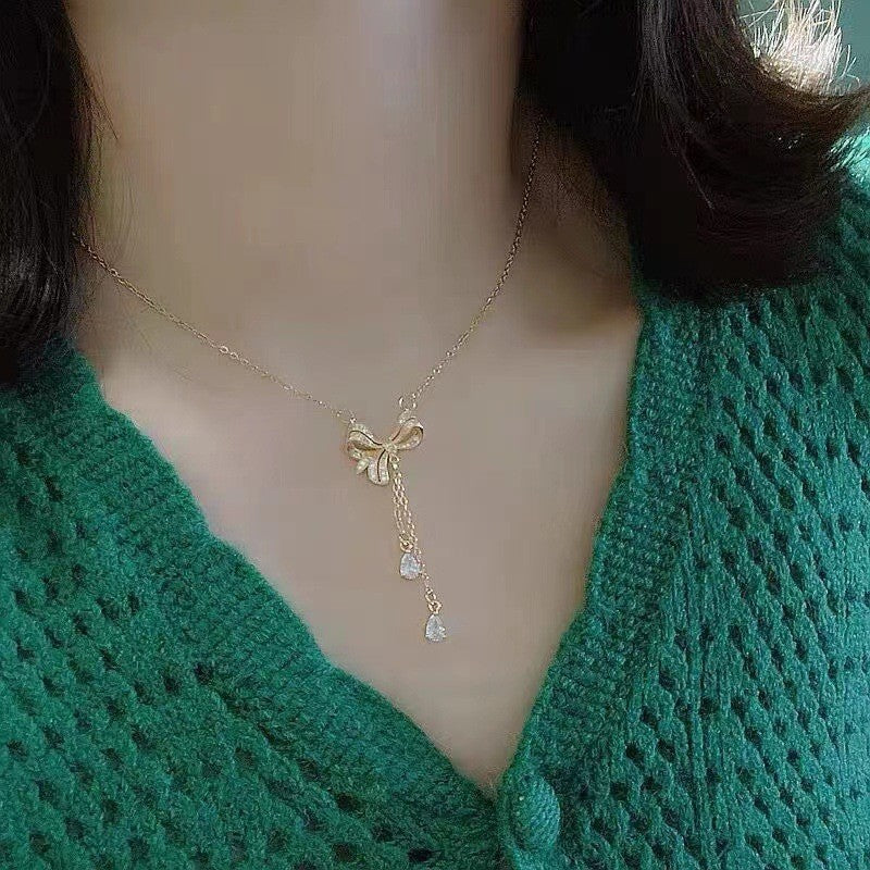 Original Design Tassel Bowknot Zircon Necklace 18K Gold Plated Titanium Steel O-Chain Unisex Jewelry
