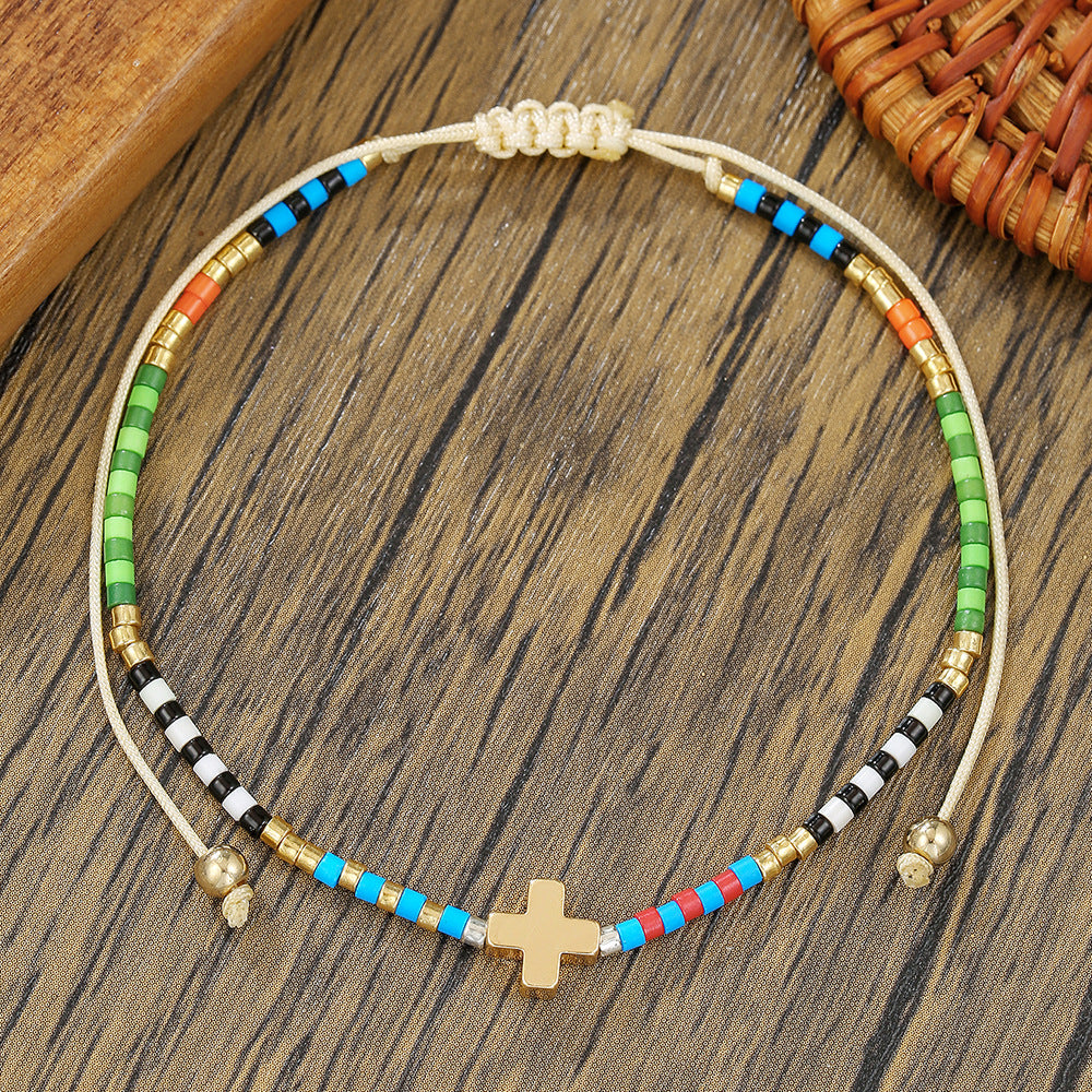 Minimalist Bohemian Cross Heart Geometric Handmade Crystal Pearl Beaded Bracelet