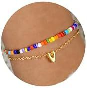 Bohemian Colorful Seed Bead Stainless Steel Letter Chain Bracelet Set