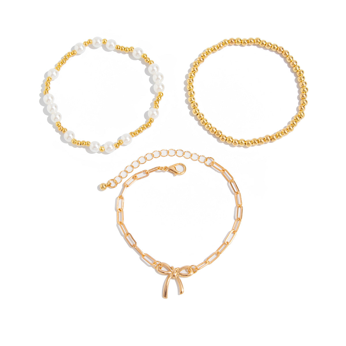 Minimalist Bow Knot and Star-Shaped Pendant Bracelet for Women with Plated Metal and Imitation Pearl Accents