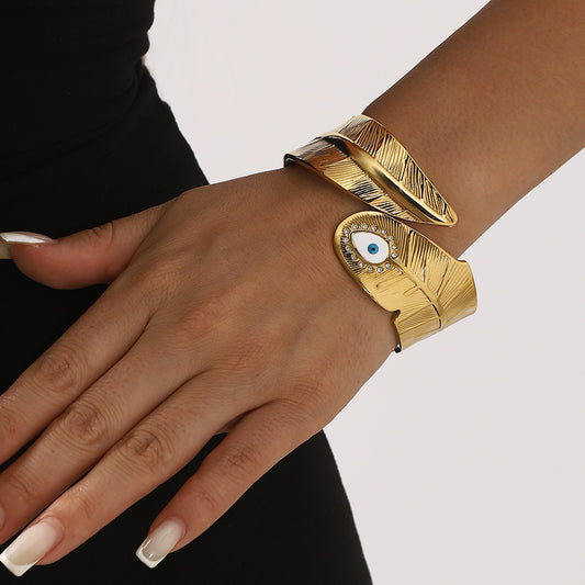 Bold Wide Stainless Steel Bracelet with Leaf Design and Spring Clasp for Women