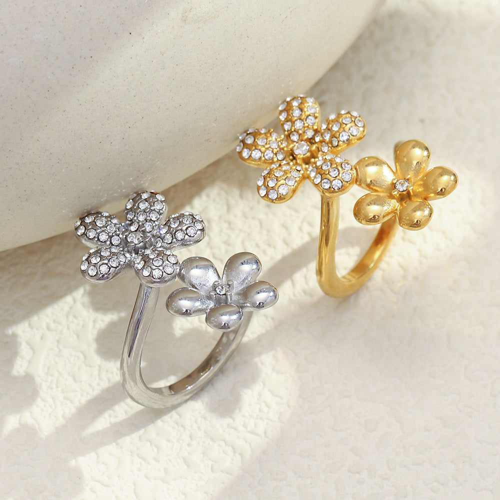 Minimalist Floral Stainless Steel Plated 18K Gold Zirconia Ring for Women