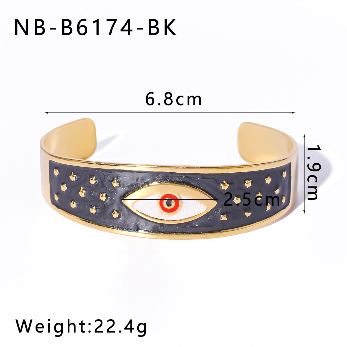 Bracciale rigido regolabile in acciaio inossidabile smaltato con placcatura in oro sottovuoto, motivo floreale geometrico e occhio di Fatima in stile vintage