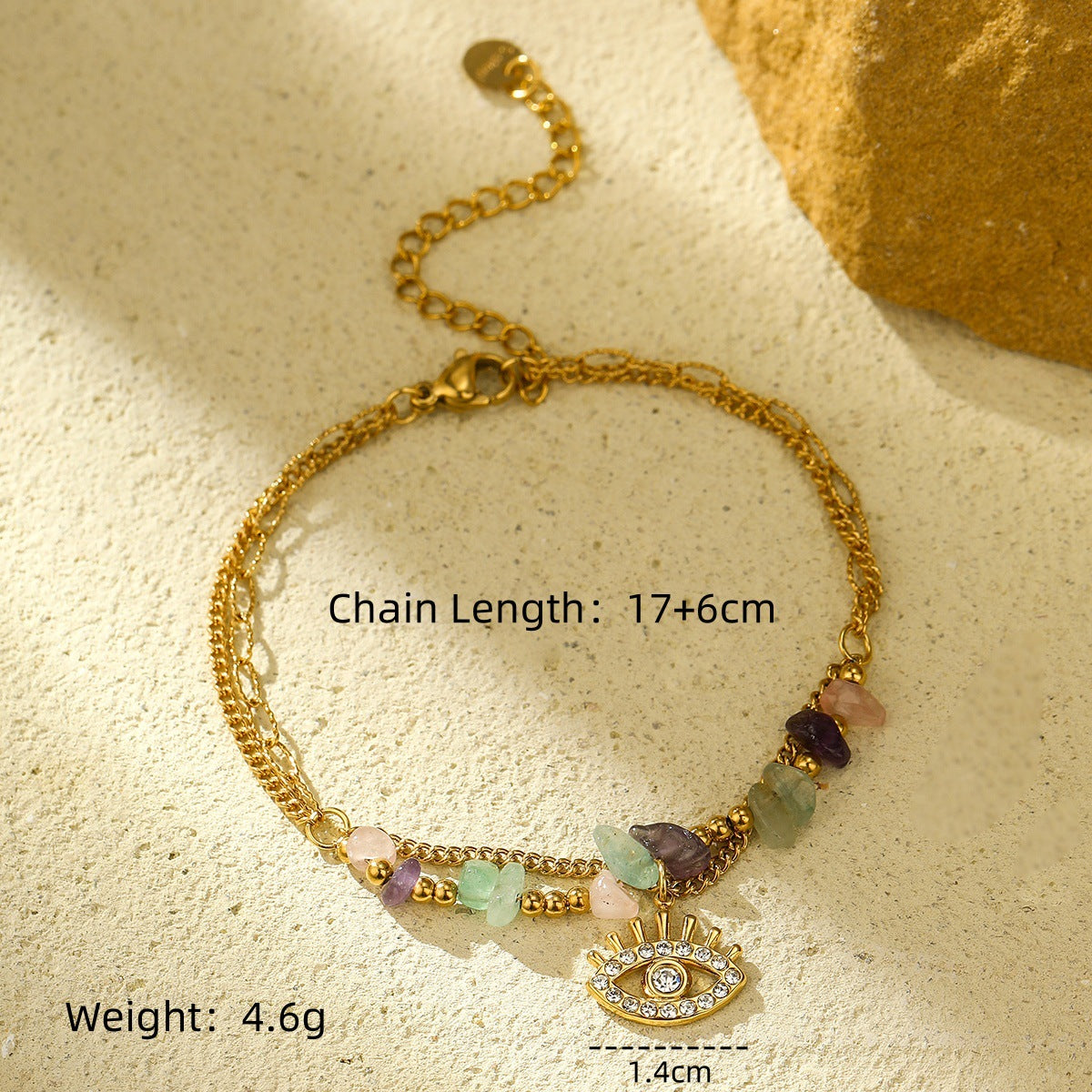 Bracciale alla moda in acciaio inossidabile a forma di occhio con intarsio di zirconi e placcatura in oro 18 carati da donna