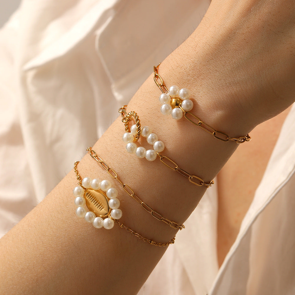 Vintage Minimalist Elegant Gold Plated Geometric Oval Round Faux Pearl Knot Bracelet