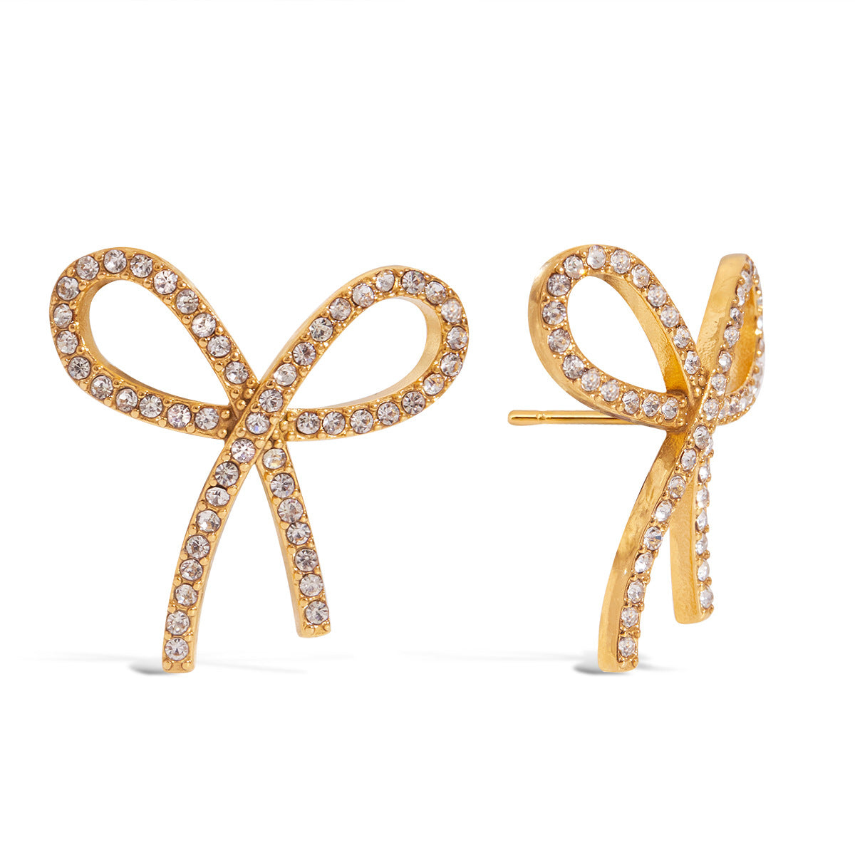 Eleganti orecchini a perno a forma di fiocco in acciaio inossidabile placcati, con strass, da donna