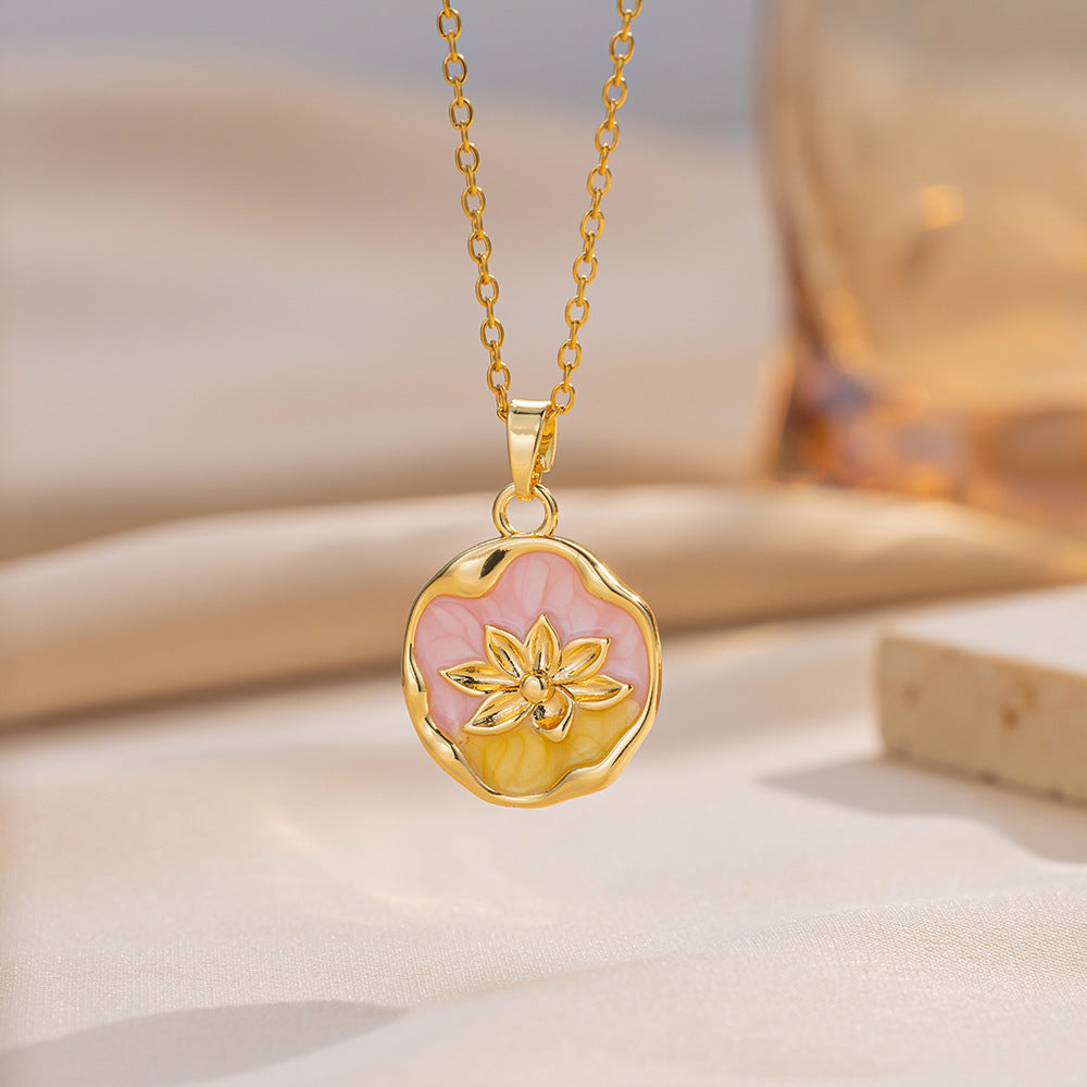 Elegant Lotus Pendant Necklace in Titanium Steel with Enamel Finish, Floral Design, O-Chain, Women's Lightweight Hypoallergenic Jewelry