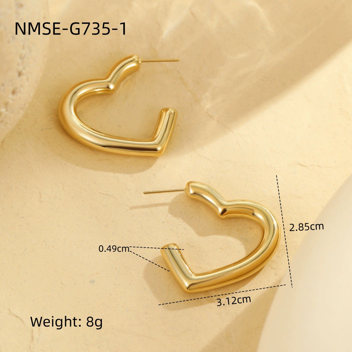 Fashionable Heart-Shaped Stainless Steel Stud Earrings with Plated Finish for Women