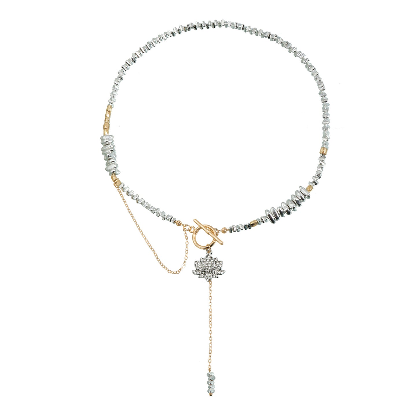 Geometric Triangle Lotus Rhinestone Inlay Alloy Pendant Necklace with Tassel for Women