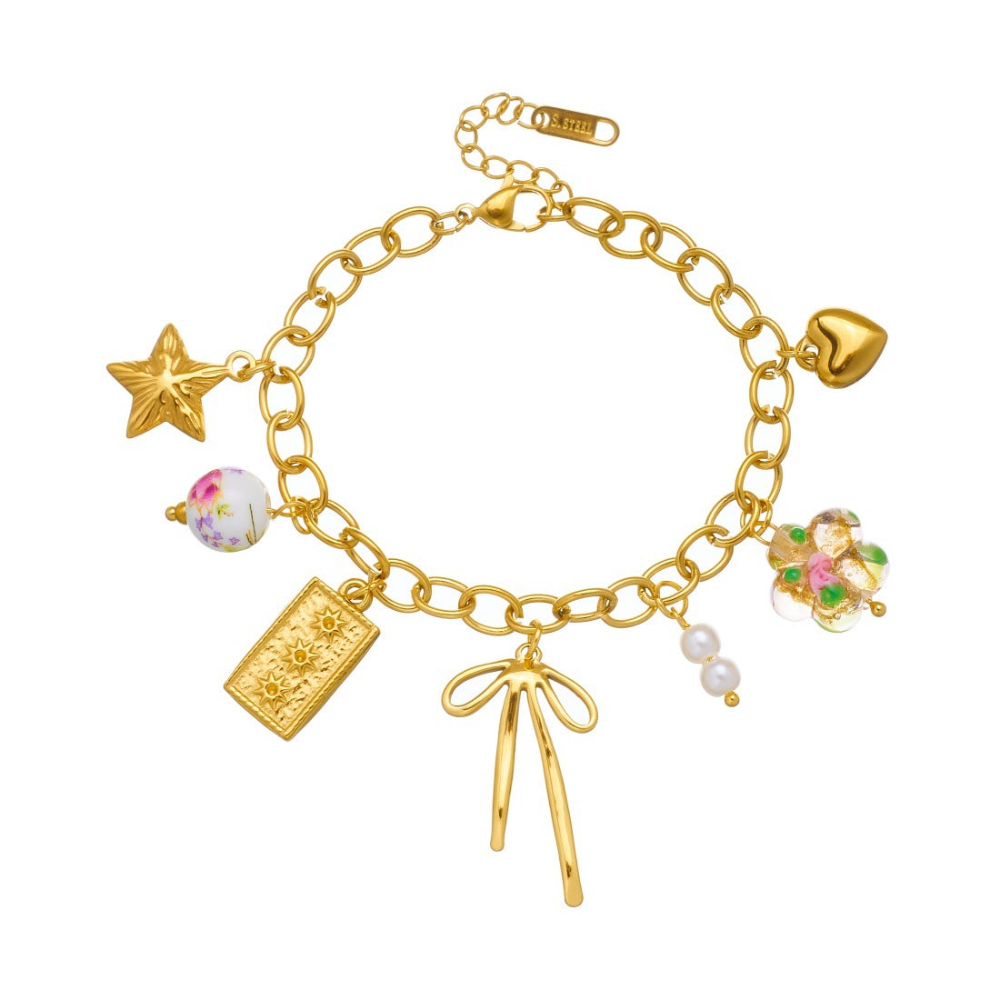 Sweet Gold Plated Stainless Steel Bracelet with Bow and Star Ceramic Charms