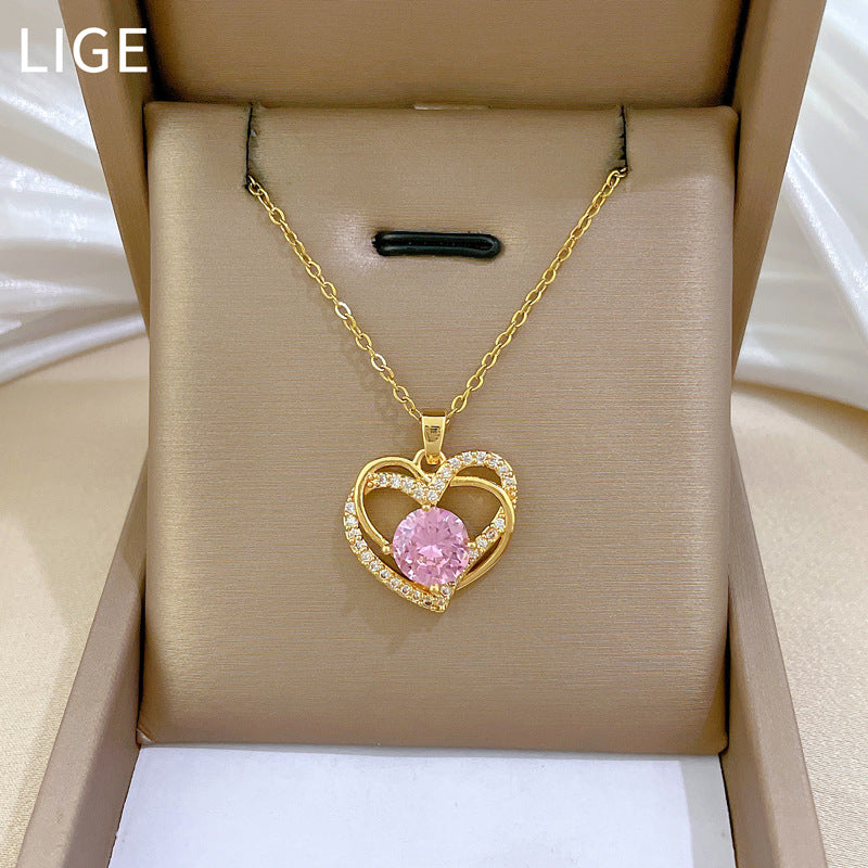 Pink Double-Layer Heart-Shaped Rhinestone Necklace for Women Stainless Steel Delicate Clavicle Chain