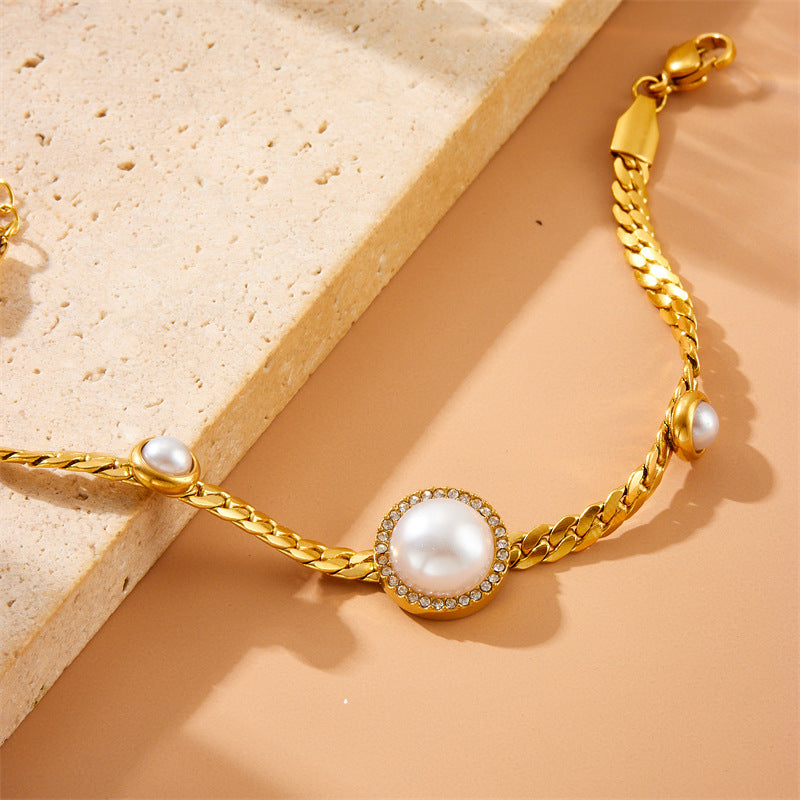 Minimalist Elegant Round Pearl Rhinestone Inlay Stainless Steel Necklace and Bracelet Set with Rope Chain