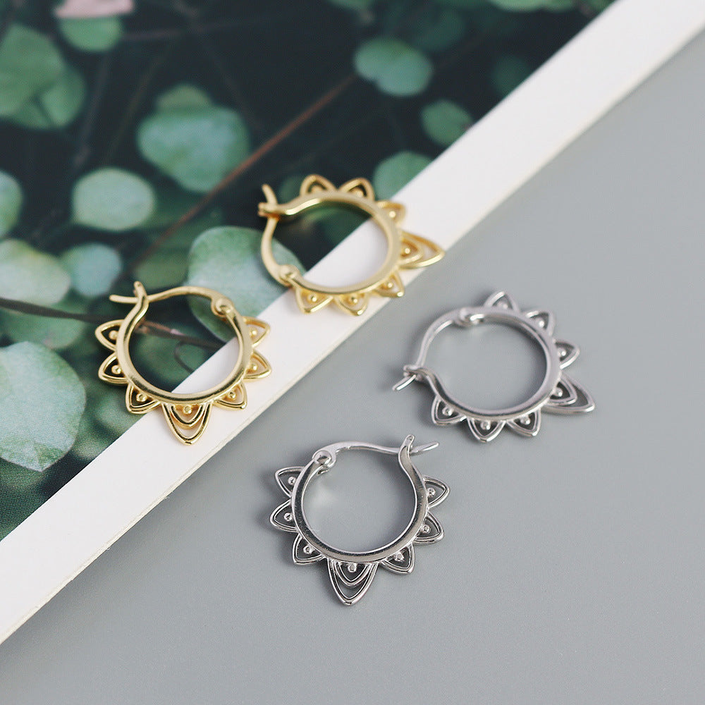 Vintage Sweet-Edgy Hollow Floral Pattern S925 Sterling Silver Hoop Earrings
