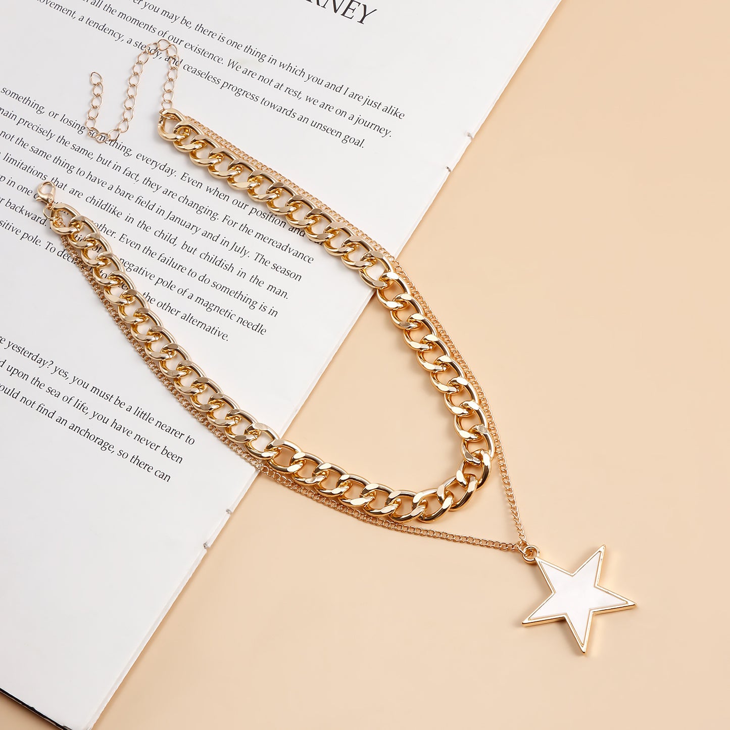 Minimalist Two-Tier White Five-Pointed Star Pendant Necklace with Electroplated Metal Chain for Women