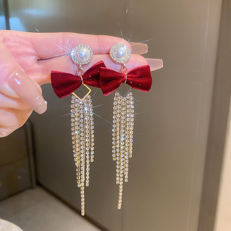 Elegant Geometric Dangle Stud Earrings for Women with Red Tassels, Alloy Base and Gold Plated Finish