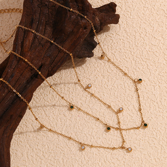 Collana con Pendente Geometrico Minimalista da Donna in Acciaio Inossidabile Placcato Oro 18K con Intarsio di Zirconi Bianchi e Verdi