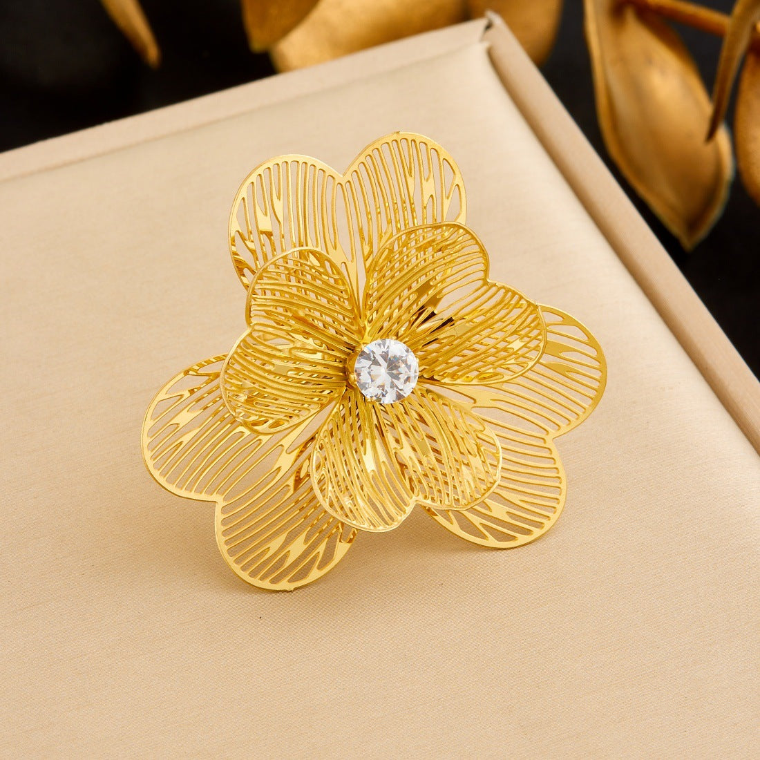 Gold Plated Stainless Steel Hollow Layered Flower Butterfly Ring for Women