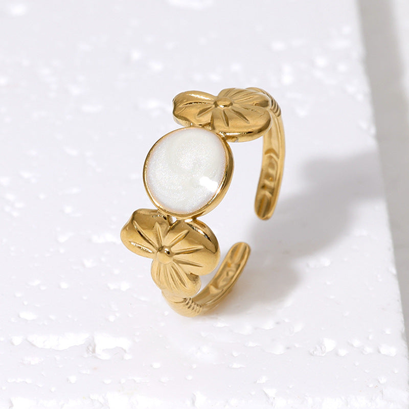 Minimalist Floral Drip Oil Plated Stainless Steel Open Ring for Women