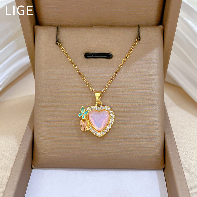 Sweet Colorful Heart Butterfly Geometric Rhinestone Pendant Titanium Steel Necklace for Unisex