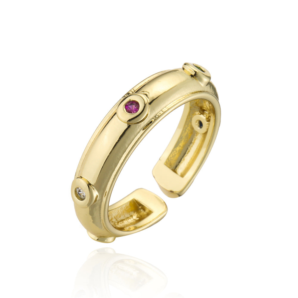 Anello Aperto Geometrico da Donna in Rame con Placcatura in Oro 18K e Intarsio di Zirconi