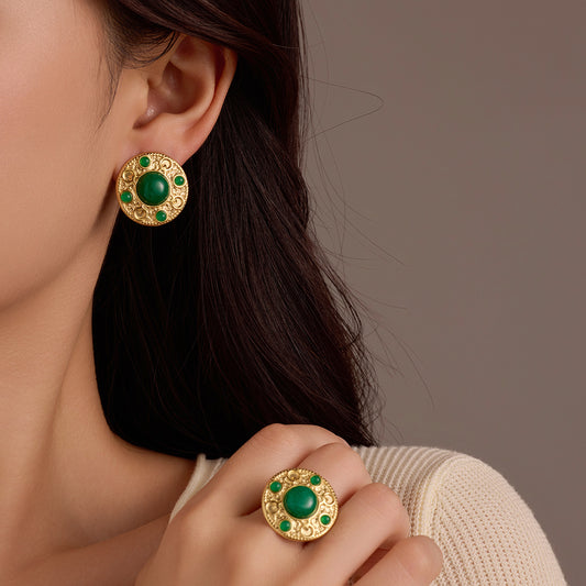Orecchini da donna in acciaio inossidabile placcato verde smeraldo, stile geometrico francese vintage